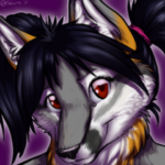 Illustrated close-up portrait of a fox-like anthro character with black-and-white fur, red eyes, and purple-toned lighting.