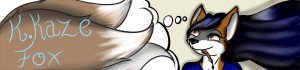 Banner illustration with the text “K. Kaze Fox,” a white fox tail on the left, and a small fox character in blue clothing and a dark cape on the right.