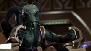 An insect-like alien pilot sits at a starship control station.