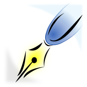 A stylized fountain pen nib and blue cap on a white background.