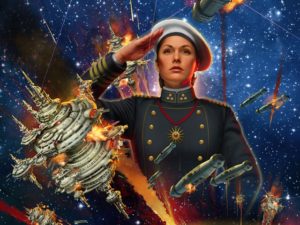 A painted portrait of a woman in naval uniform set against a space battle.